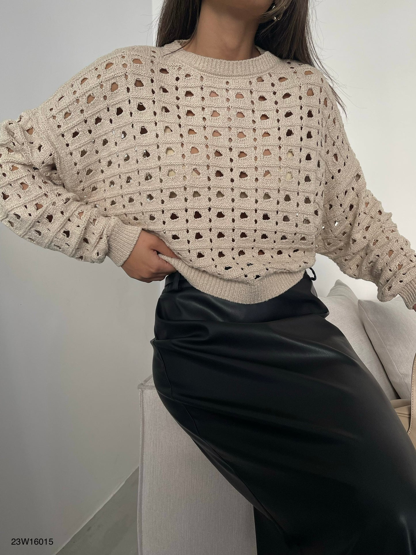 Openwork Crew Neck Beige Sweater 