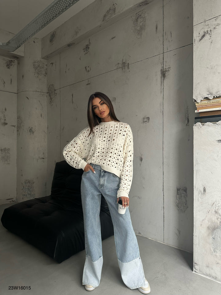 Ajurlu Bisiklet Yaka Ekru Kazak