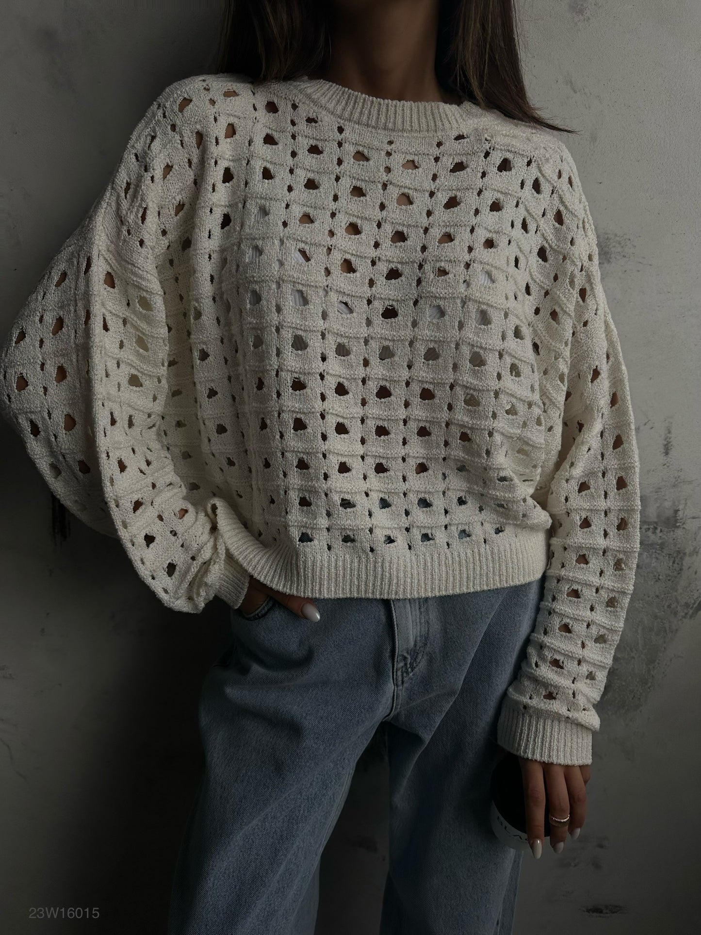 Openwork Crew Neck Ecru Sweater 