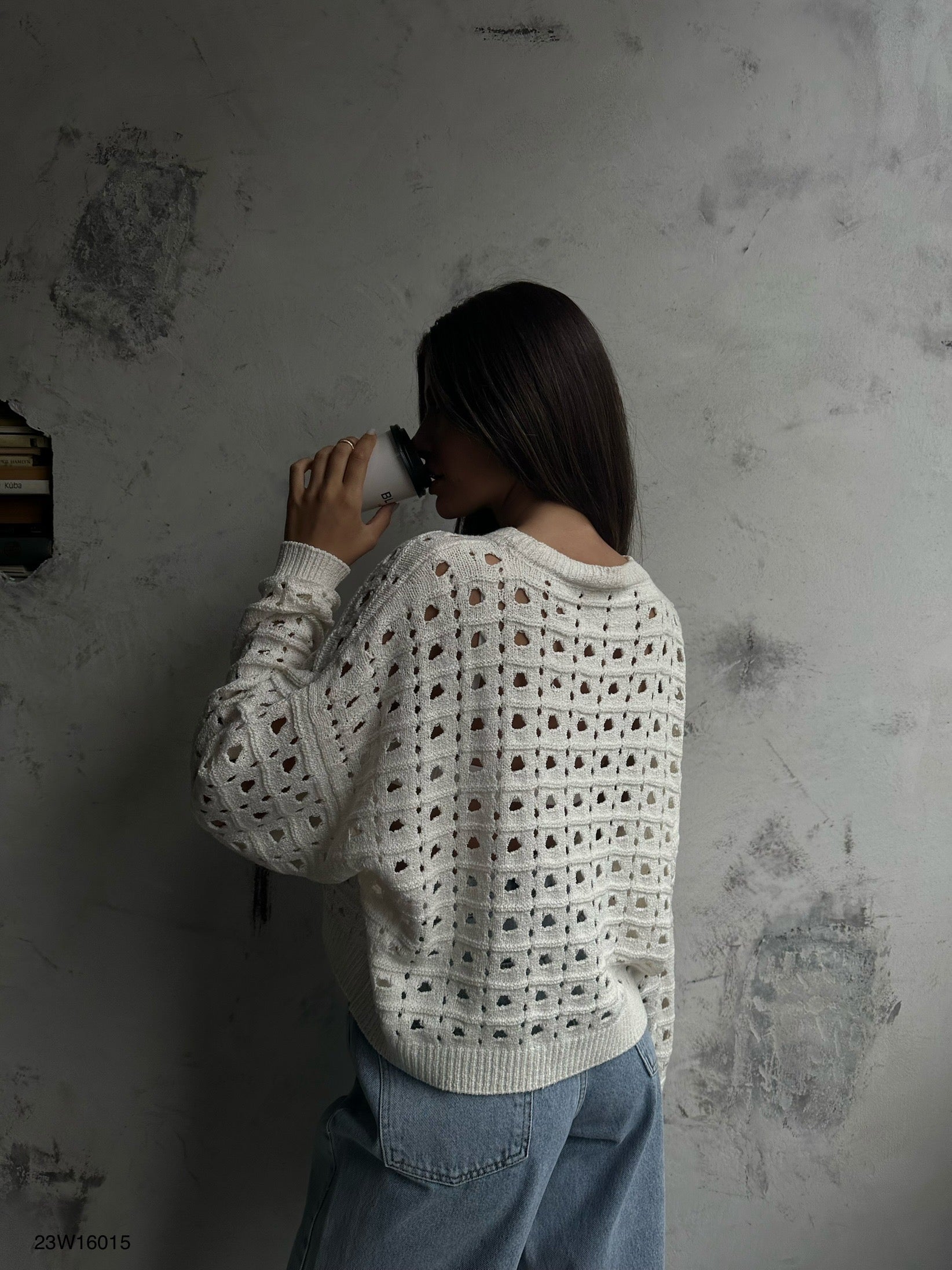 Openwork Crew Neck Ecru Sweater 