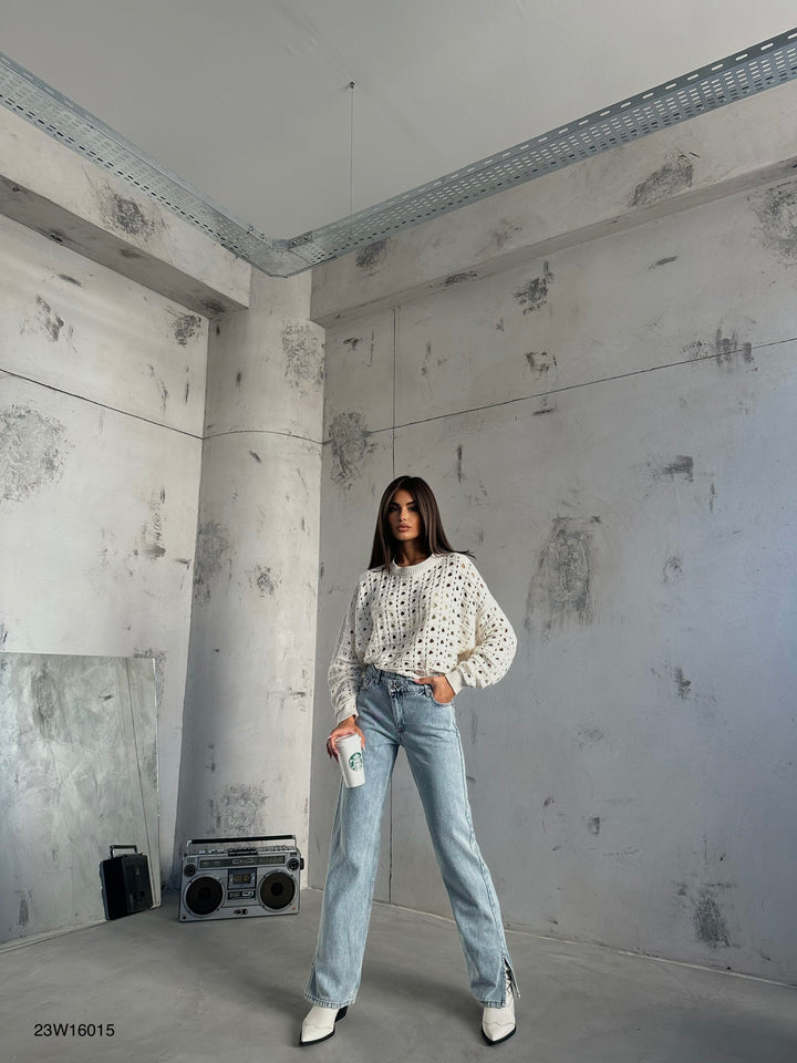 Ajurlu Bisiklet Yaka Ekru Kazak