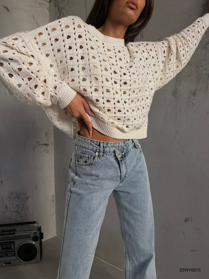 Ajurlu Bisiklet Yaka Ekru Kazak