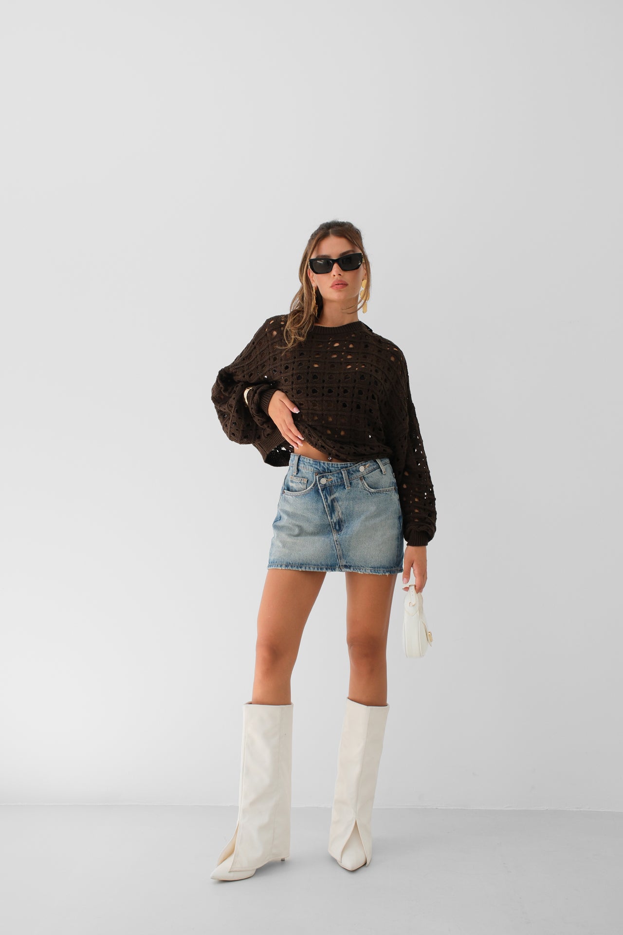 Openwork Crew Neck Brown Sweater 