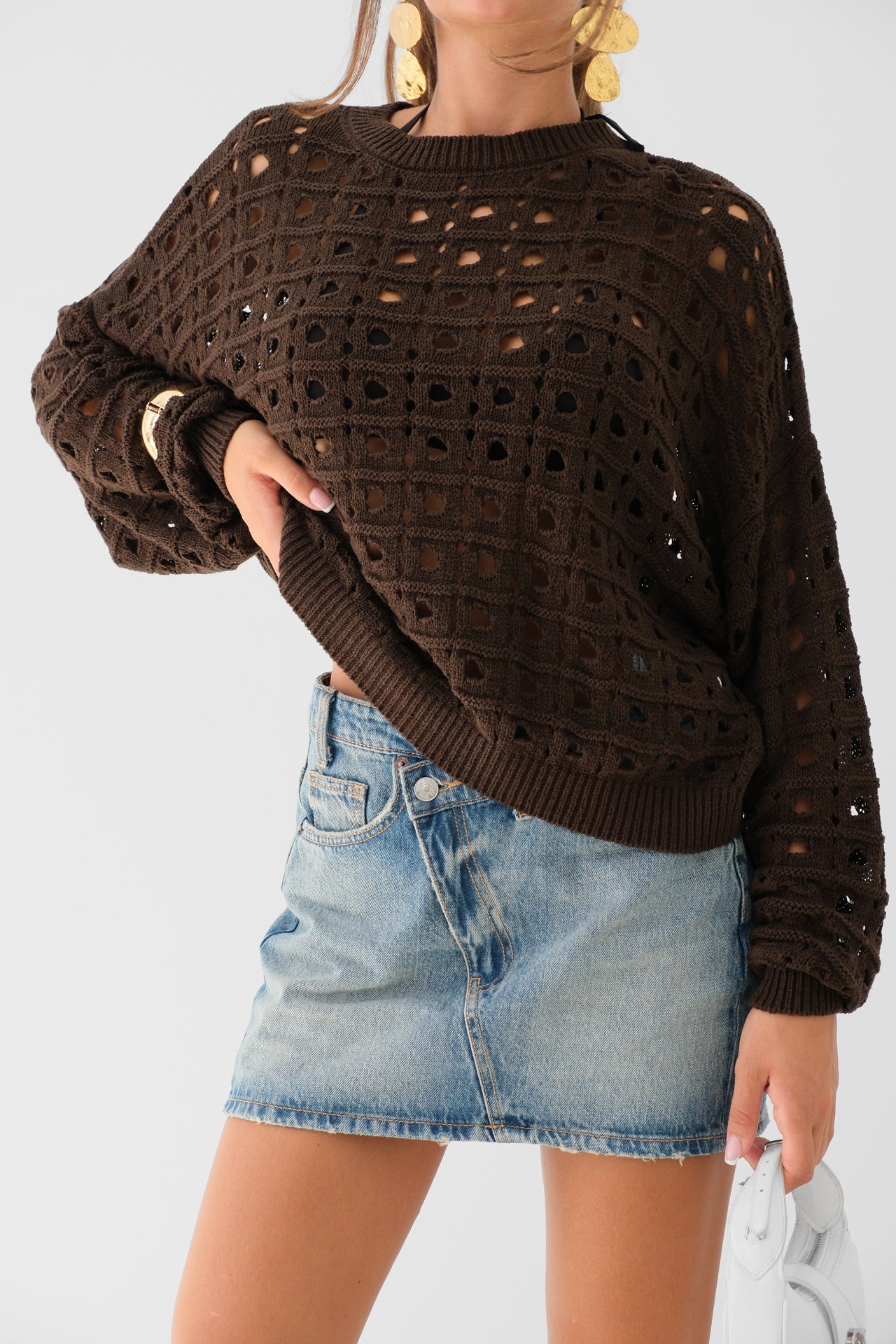 Openwork Crew Neck Brown Sweater 