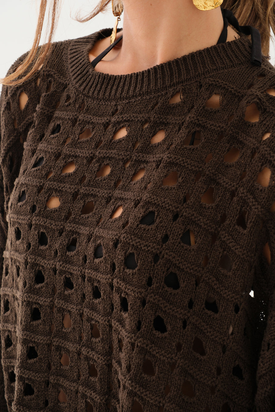 Openwork Crew Neck Brown Sweater 