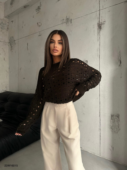 Openwork Crew Neck Brown Sweater