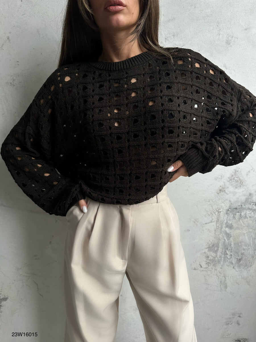 Openwork Crew Neck Brown Sweater