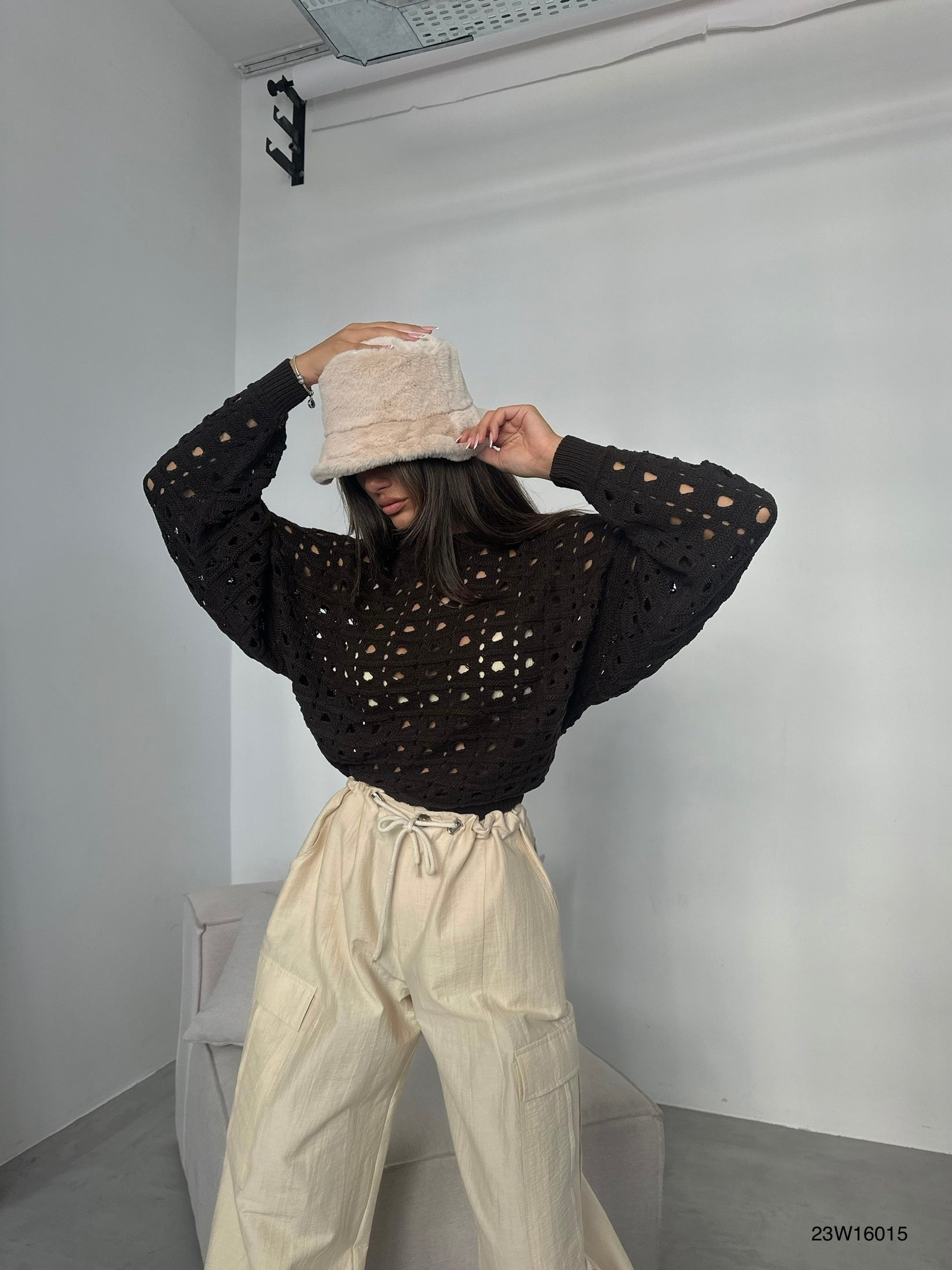 Openwork Crew Neck Brown Sweater