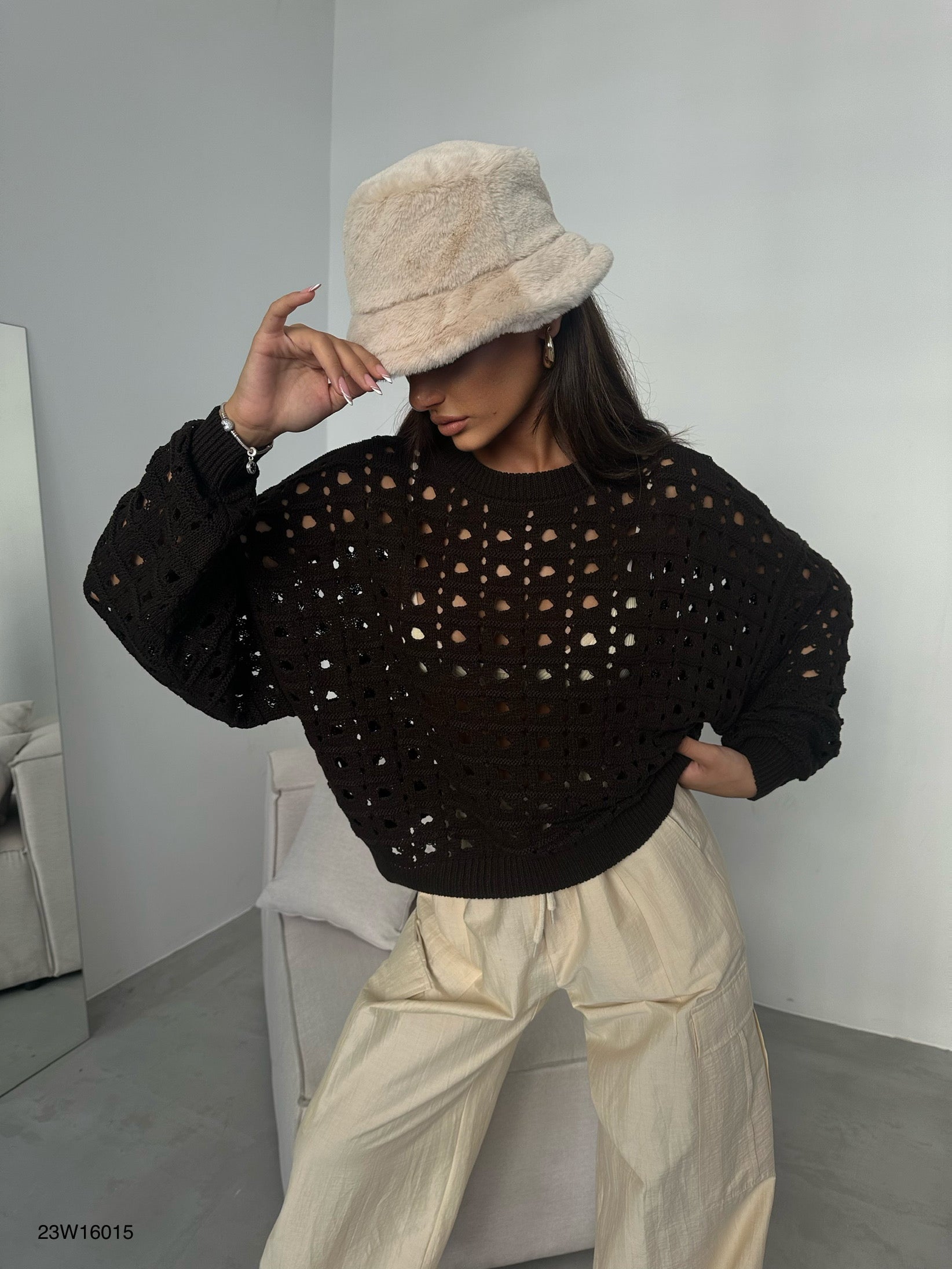 Openwork Crew Neck Brown Sweater