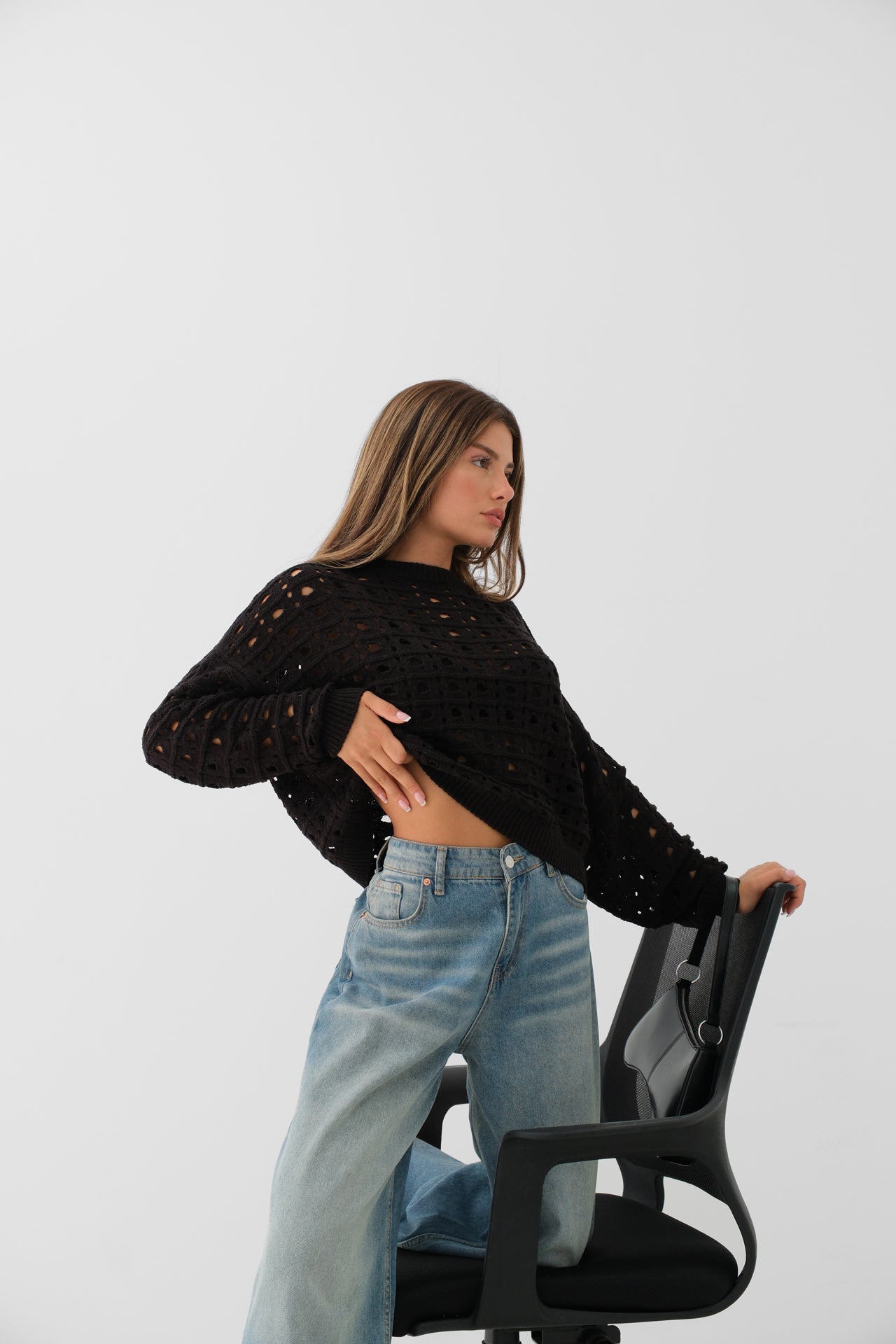 Openwork Crew Neck Black Sweater 