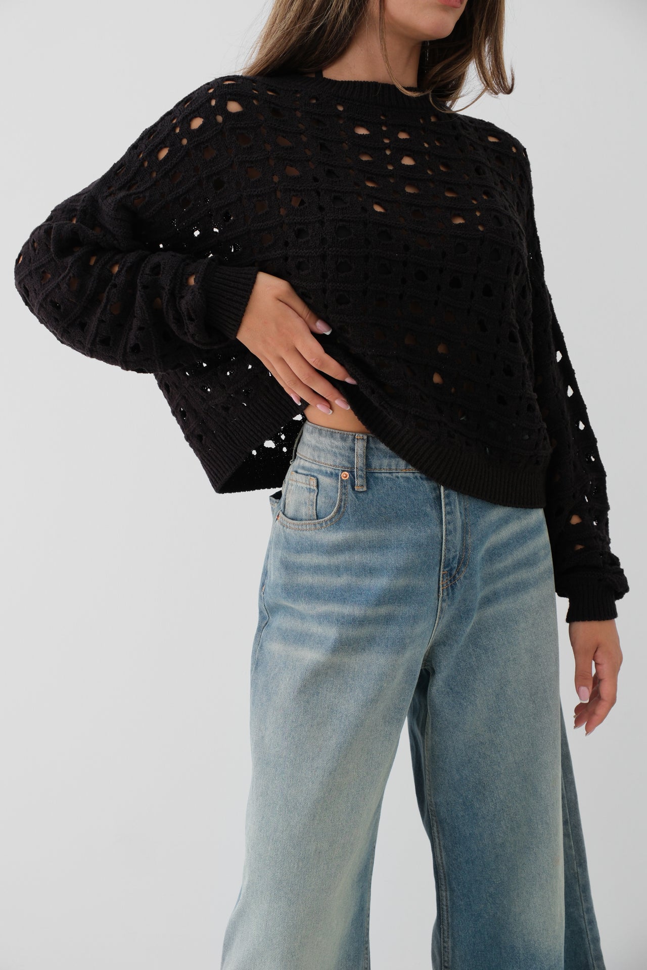 Openwork Crew Neck Black Sweater 