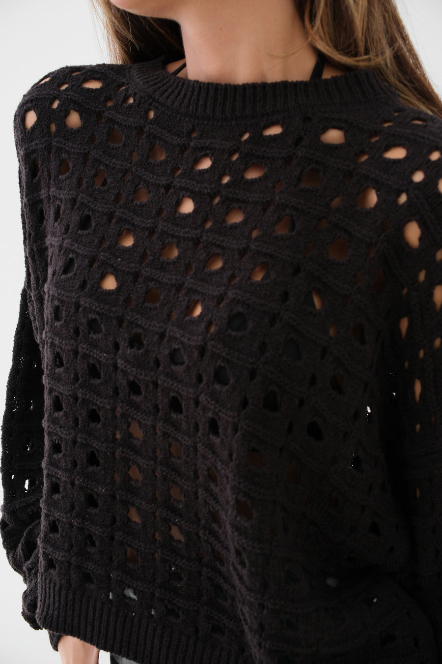 Openwork Crew Neck Black Sweater 