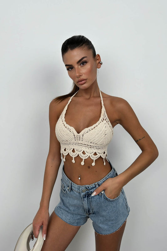 Openwork Embroidered Stone Crop Bra 