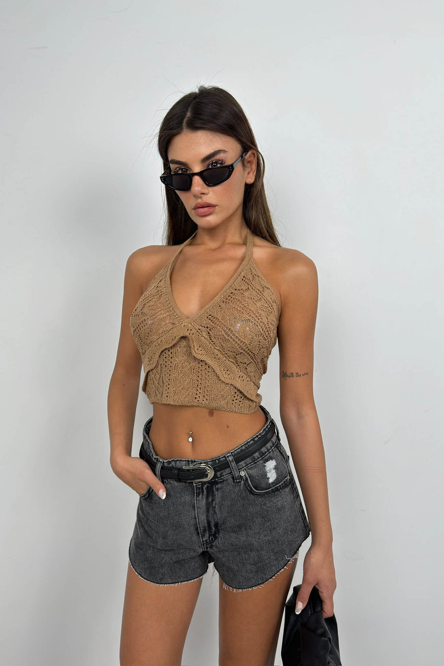 Openwork Backless Beige Crop Bustier 