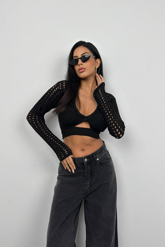 Openwork Black Crop Knit Blouse 