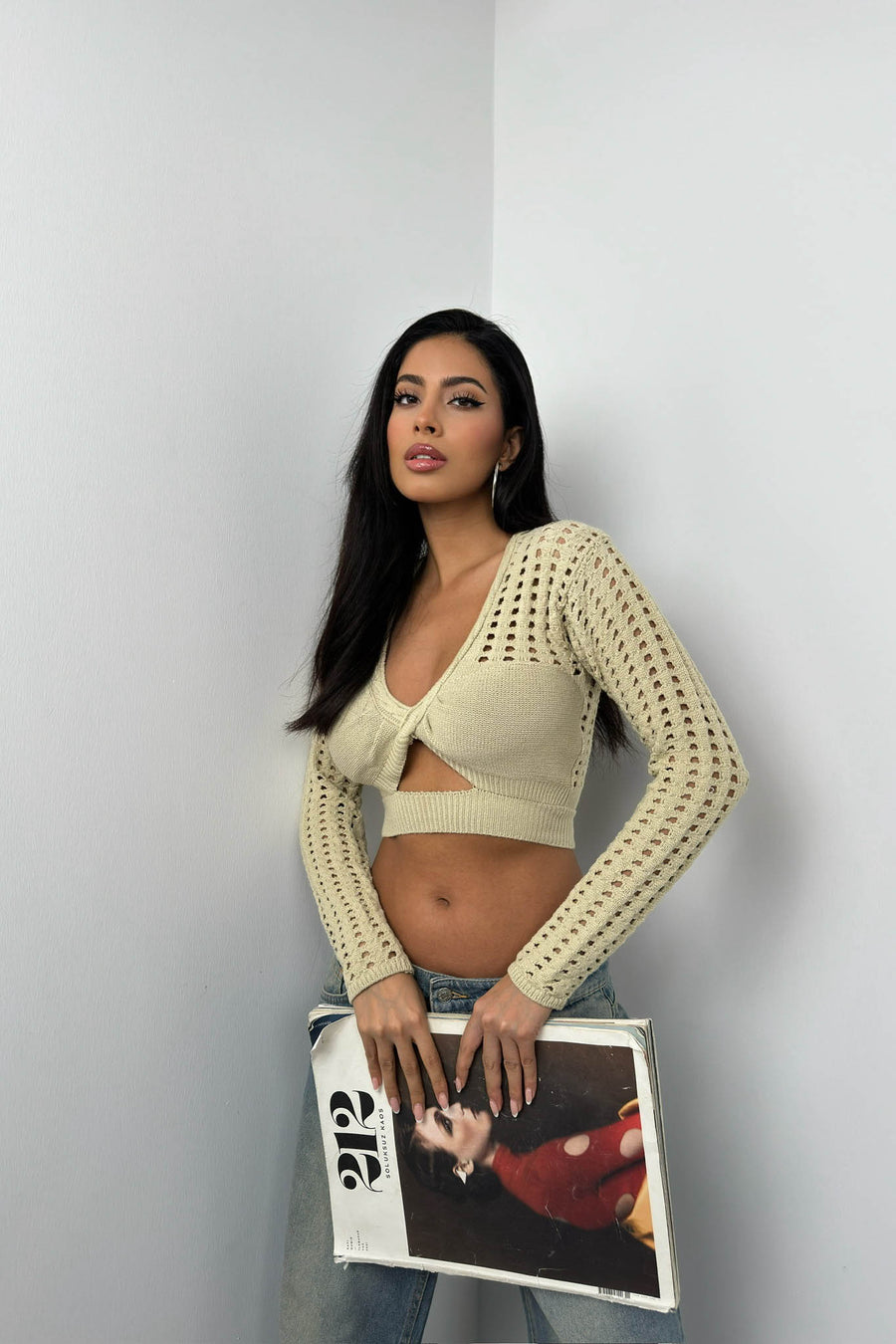 Openwork Beige Knit Crop Blouse 