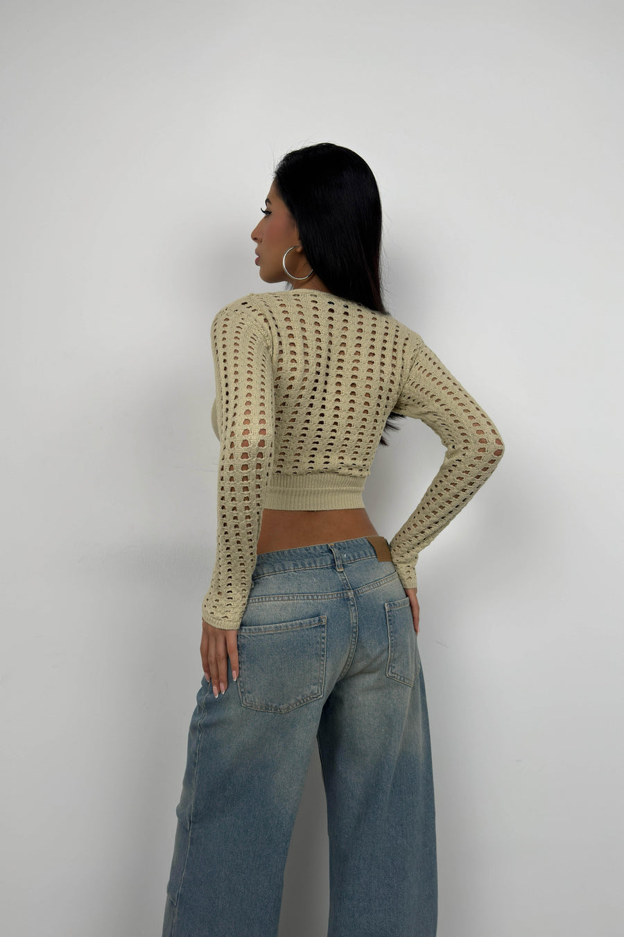 Openwork Beige Knit Crop Blouse 