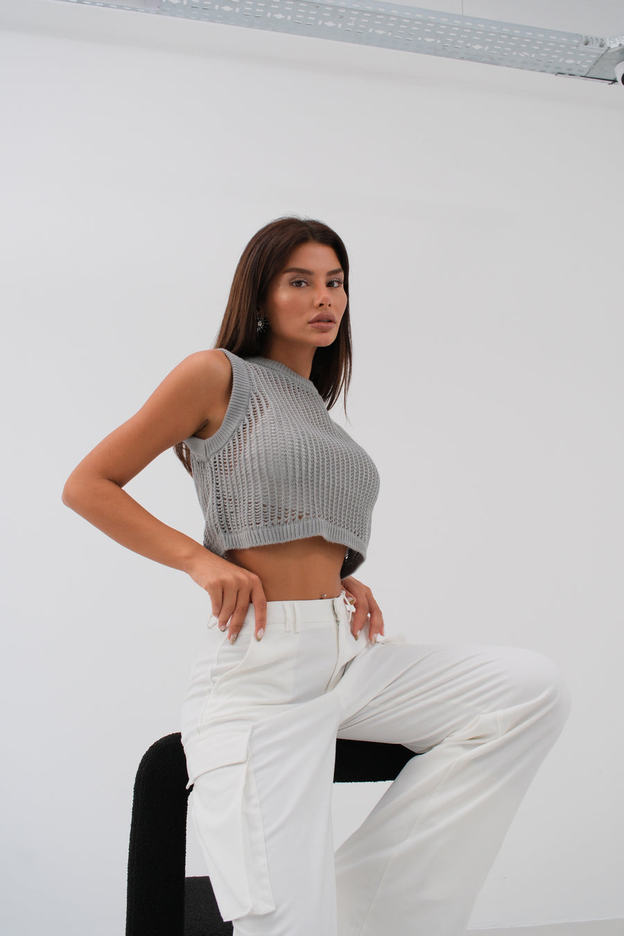 Openwork Gray Crop Sweater 