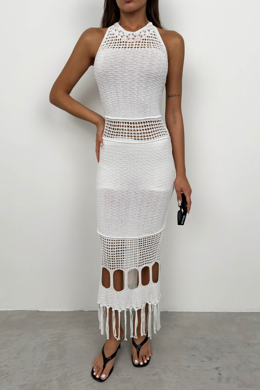 Openwork White Maxi Knit Dress 