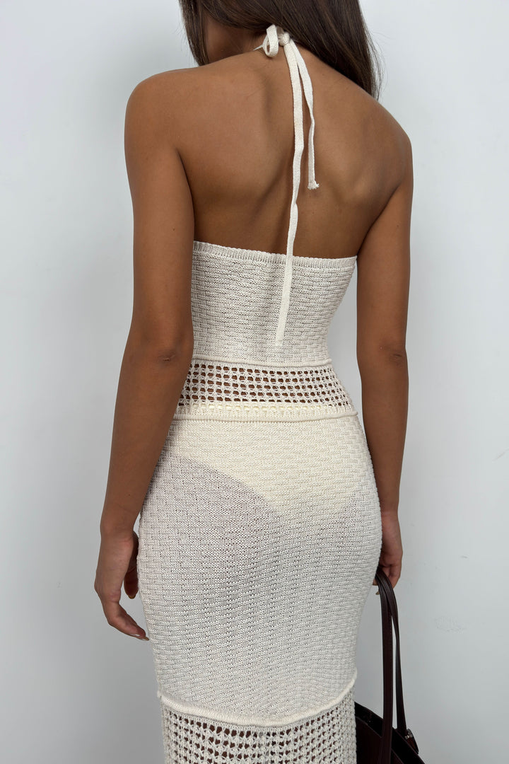 Ajurlu Maxi Ekru Triko Elbise