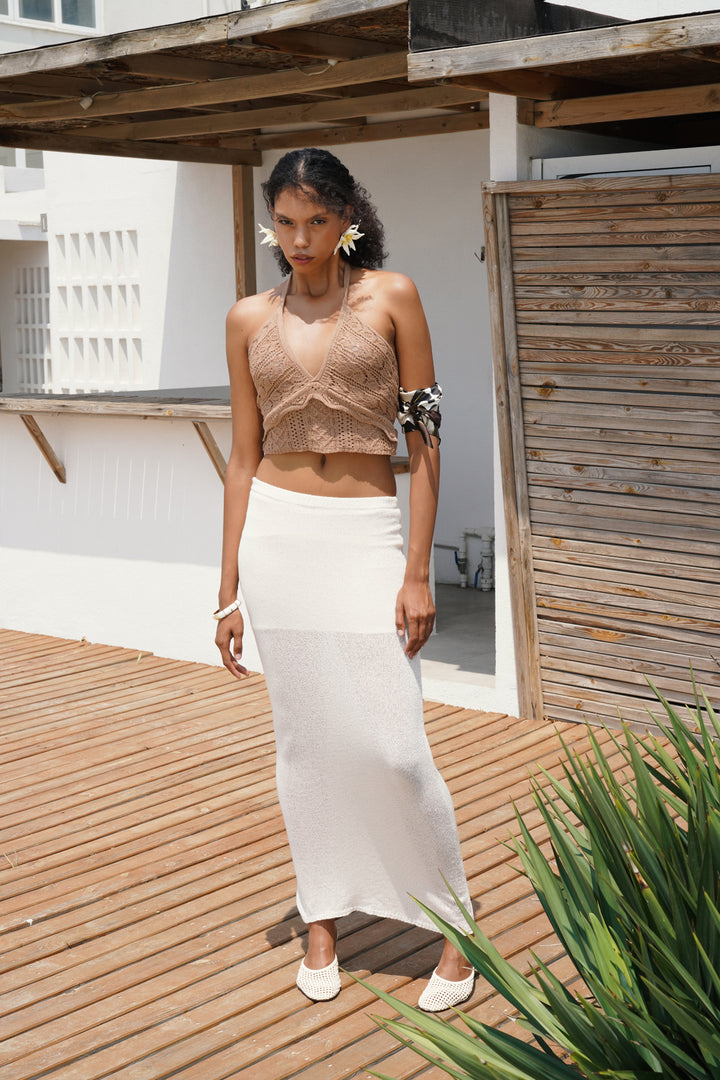 Openwork Backless Beige Crop Bustier 