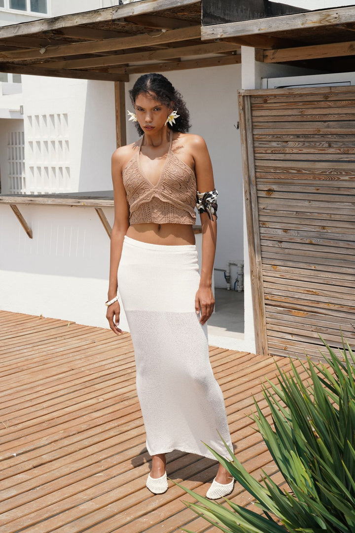 Openwork Backless Beige Crop Bustier 