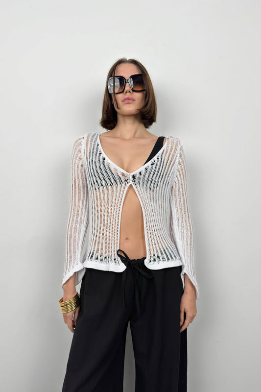 Openwork Long Sleeve White Blouse 