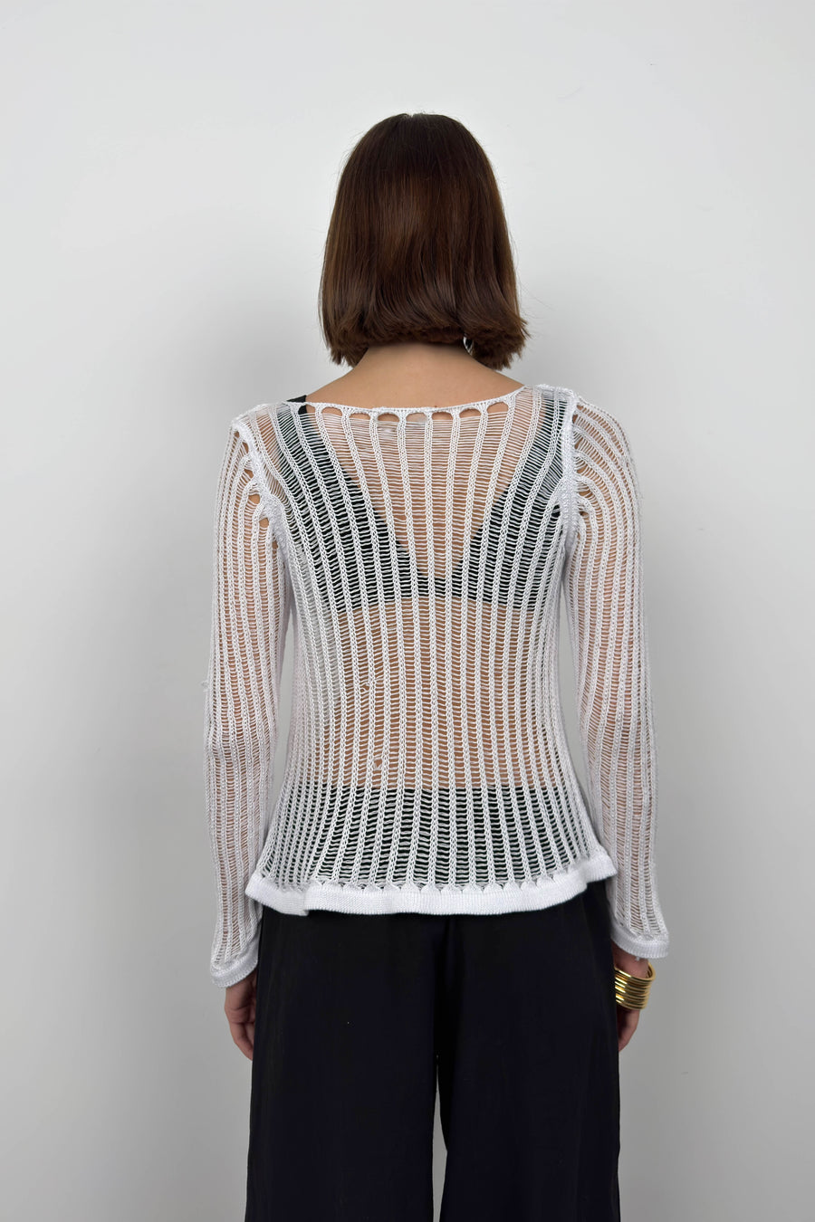 Openwork Long Sleeve White Blouse 