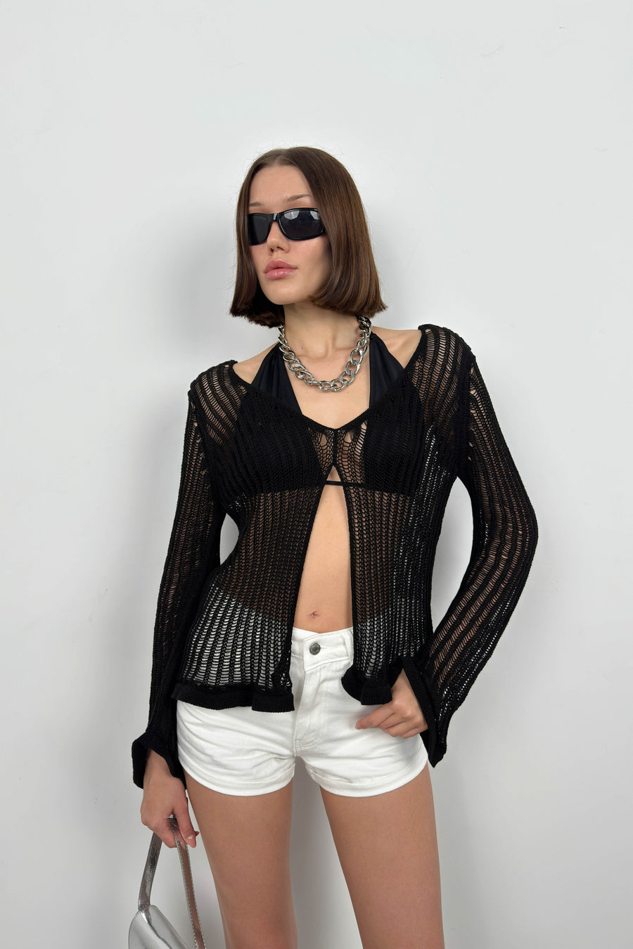 Openwork Long Sleeve Black Blouse 