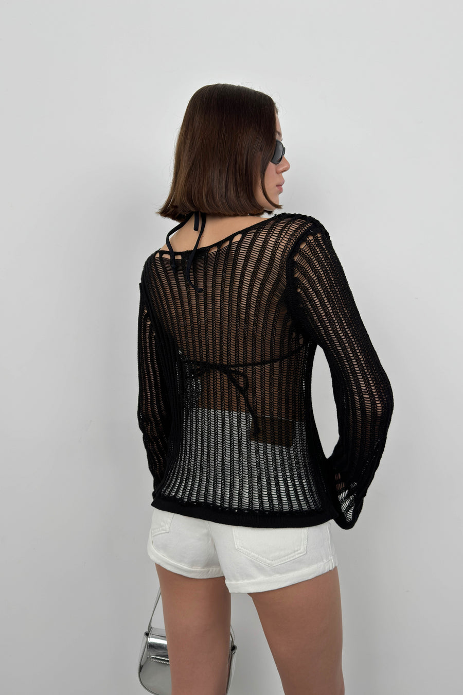 Openwork Long Sleeve Black Blouse 