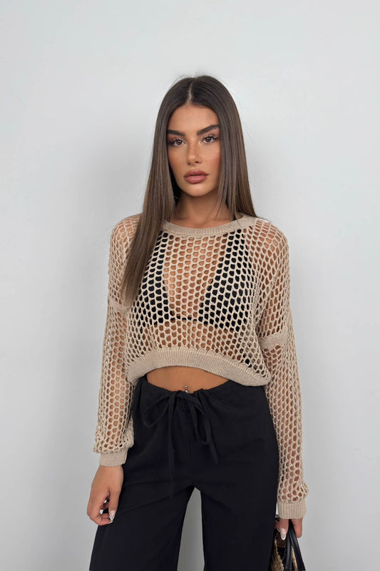 Openwork Long Sleeve Stone Knit Blouse 