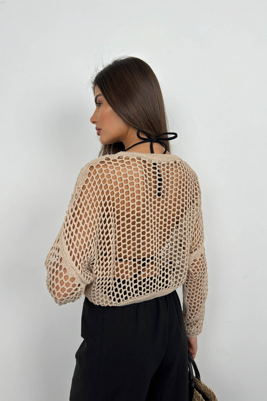 Openwork Long Sleeve Stone Knit Blouse 