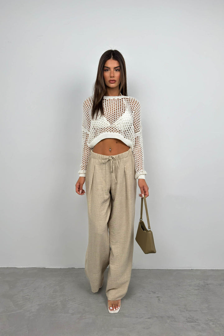 Ajurlu Uzun Kol Ekru Triko Bluz