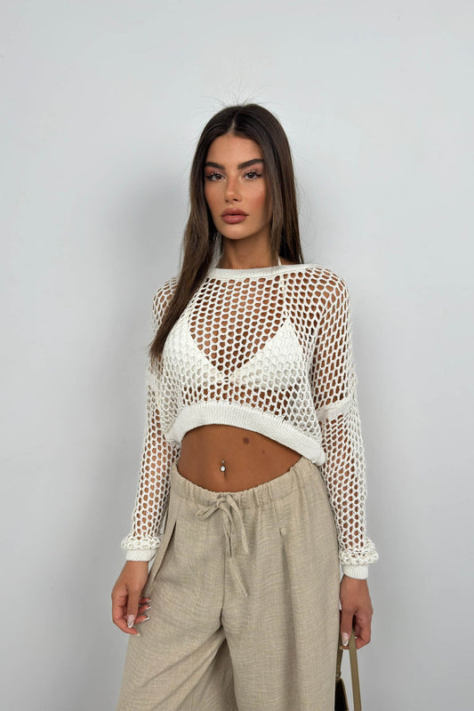 Openwork Long Sleeve Ecru Knit Blouse 