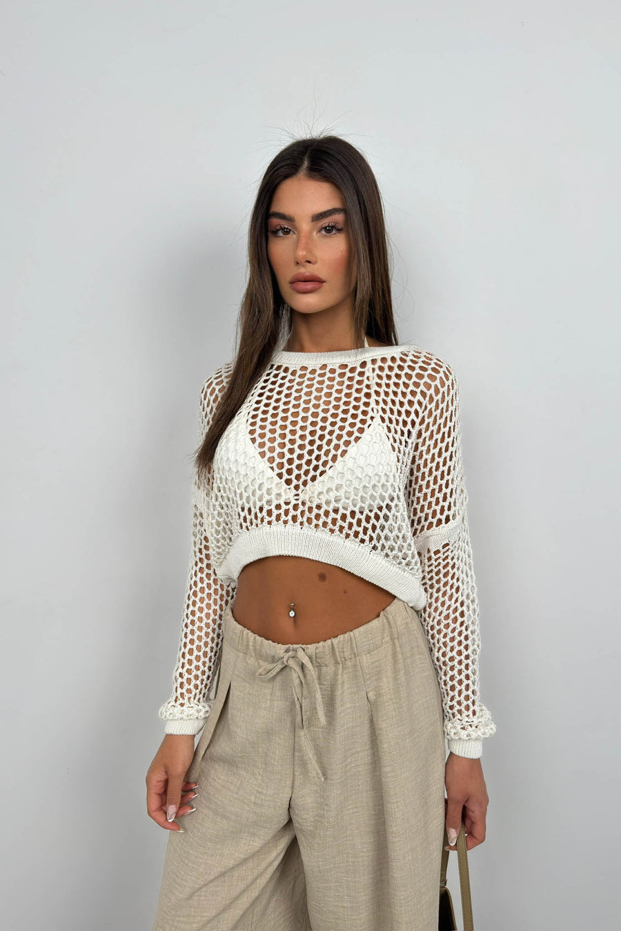 Openwork Long Sleeve Ecru Knit Blouse 