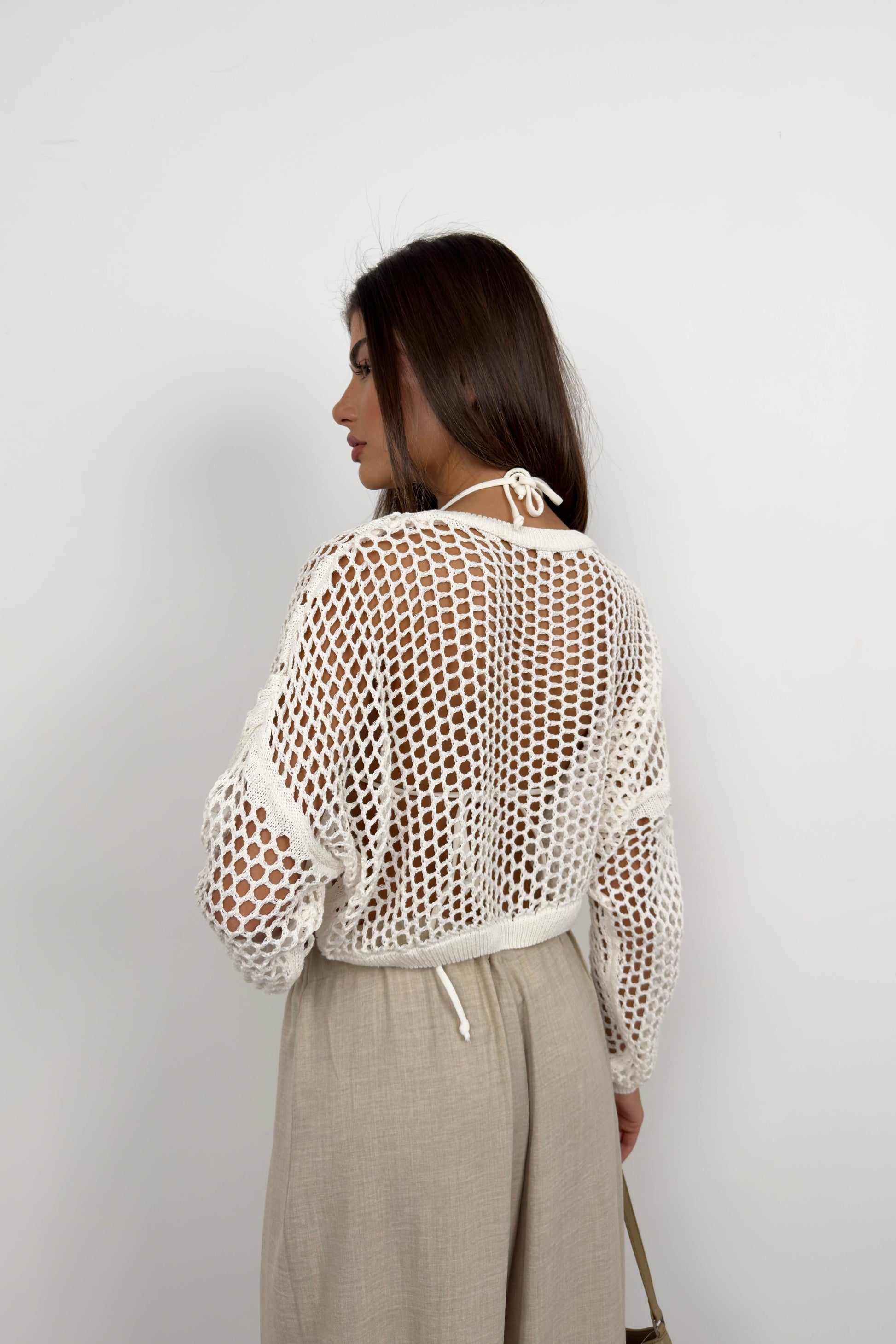 Openwork Long Sleeve Ecru Knit Blouse 