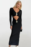 Aksesuar Detay Bel Dekolteli Maxi Siyah Elbise