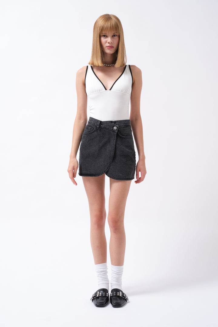 Wrap Denim Mini Black Skirt