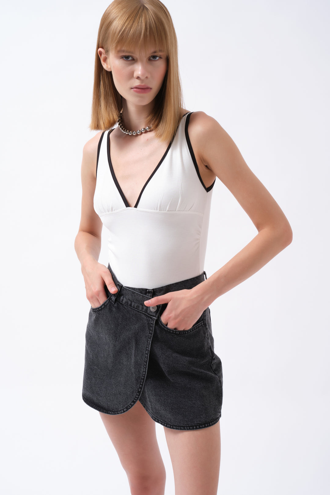 Wrap Denim Mini Black Skirt