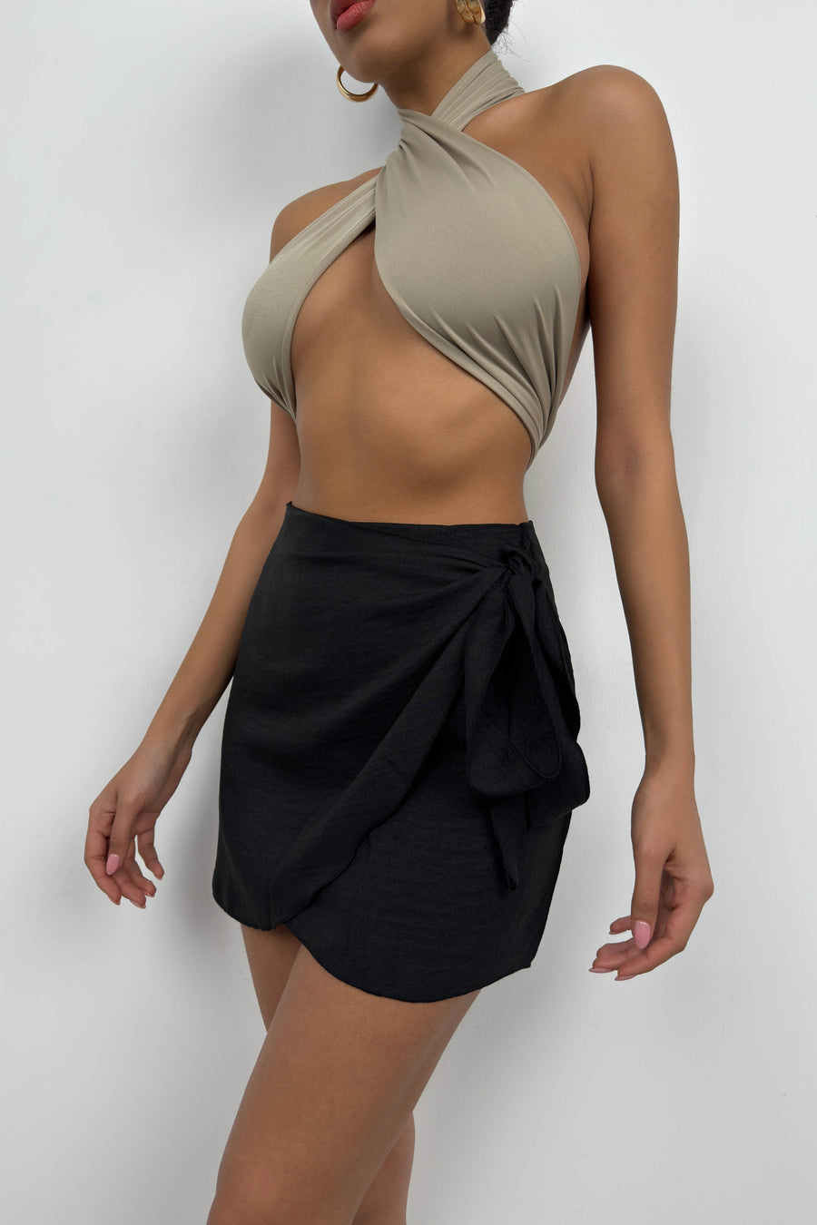 Wrap-Tie Black Linen Skirt 