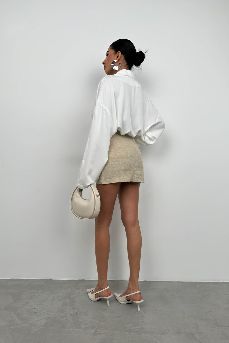 Beige Linen Skirt with Wrap Tie 