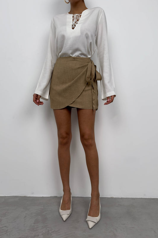 Wrap-Tie Camel Linen Skirt 