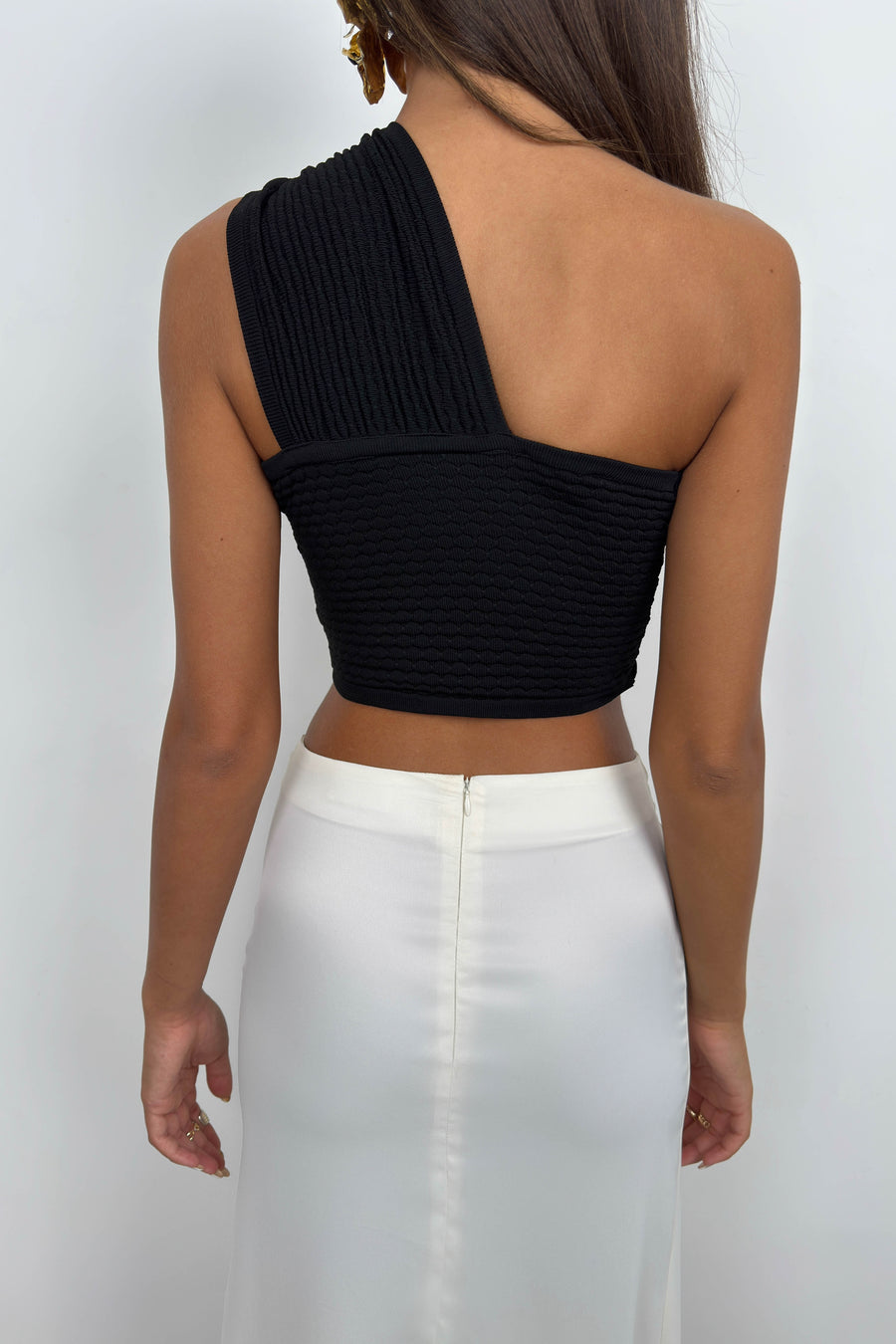 Asymmetrical Tied One Shoulder Black Crop 