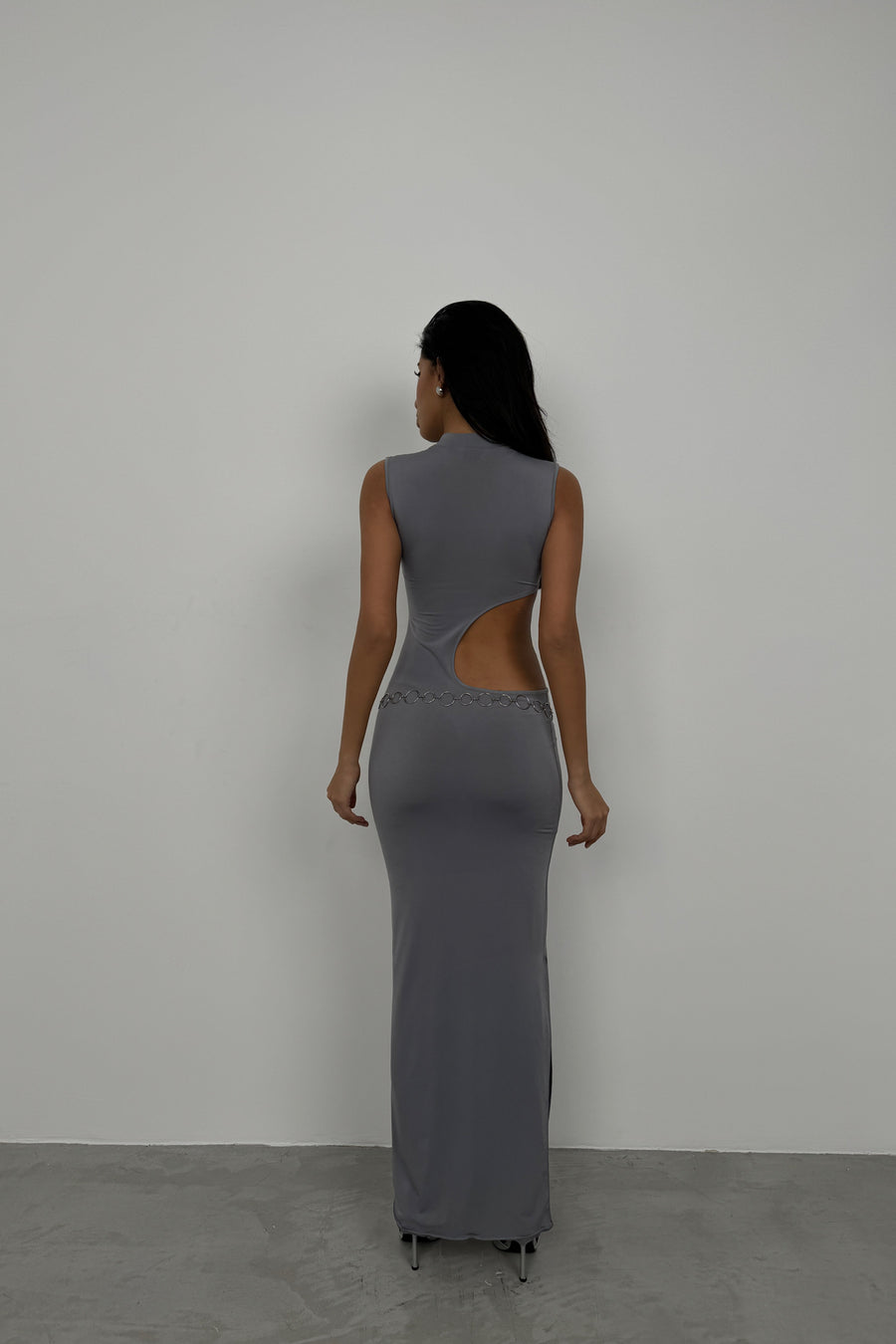 Asymmetric Waist Belted Gray Long Dress 