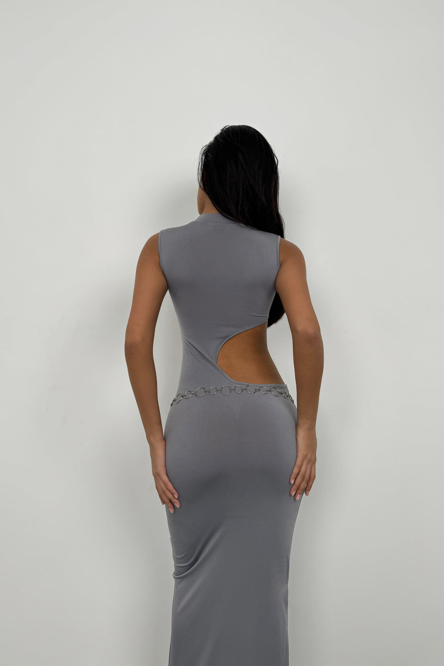 Asymmetric Waist Belted Gray Long Dress 