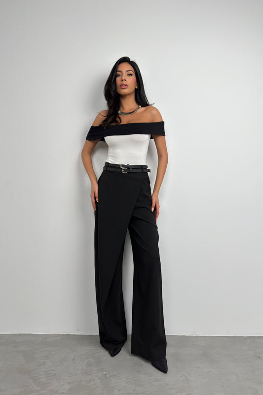 Asymmetrical Double Belted Black Trousers 