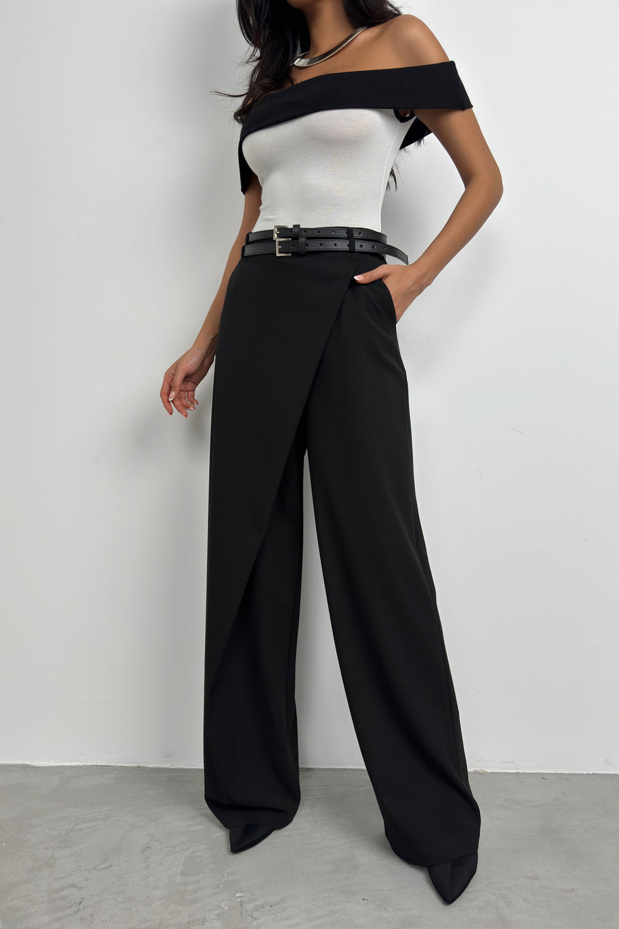 Asymmetrical Double Belted Black Trousers 