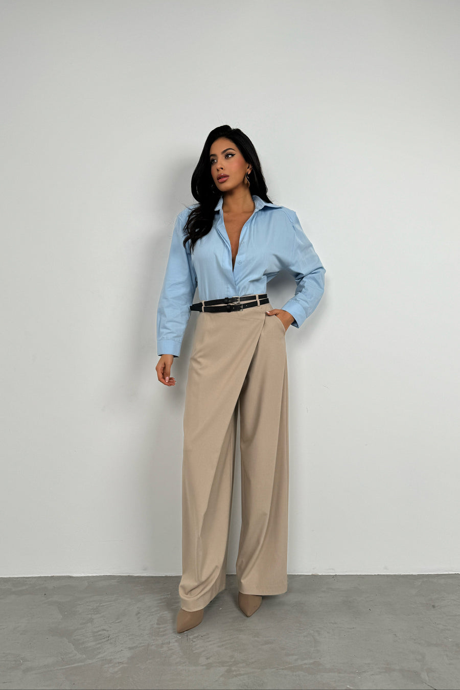 Asymmetrical Double Belted Beige Trousers 