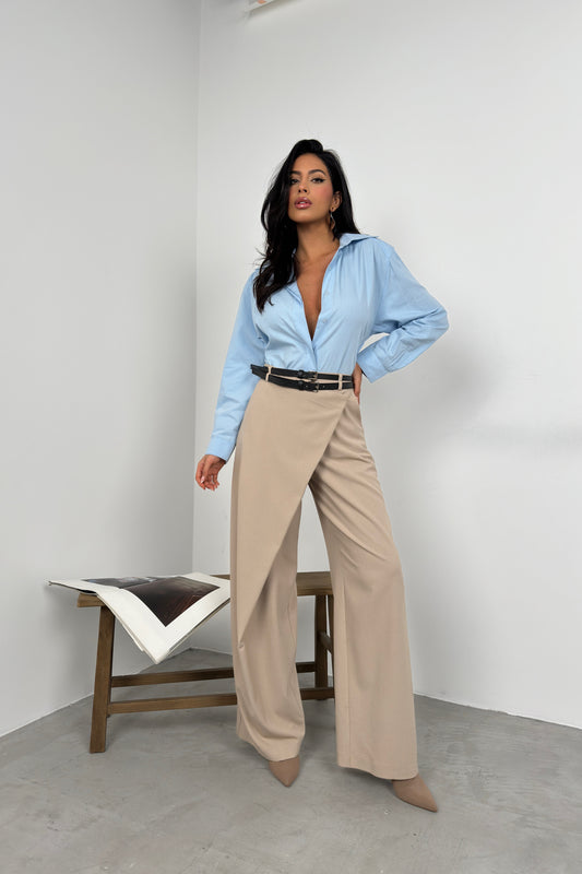 Asymmetrical Double Belted Beige Trousers 