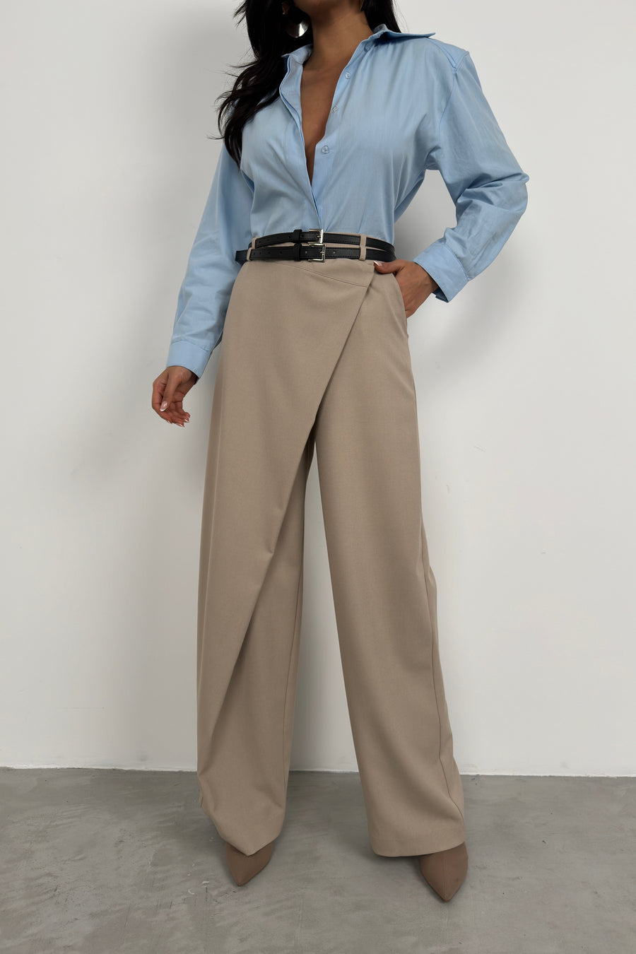 Asymmetrical Double Belted Beige Trousers 